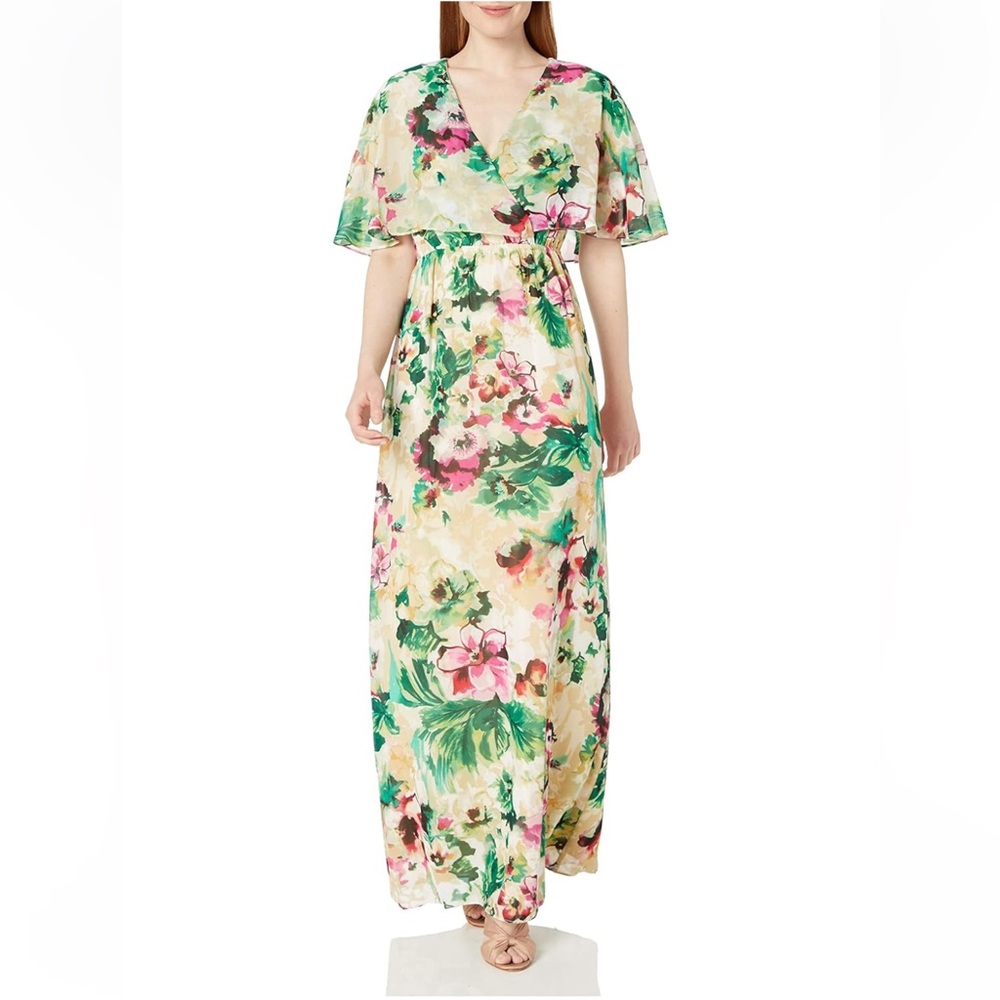Leslie Fay Flutter Sleeve Surplice Pop Over Floral Chiffon Maxi Dress Size 12